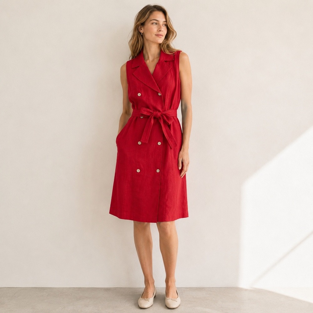 Talbots Irish Linen Double Breasted Belted Dress Womens 8 Red Minimalist Classic